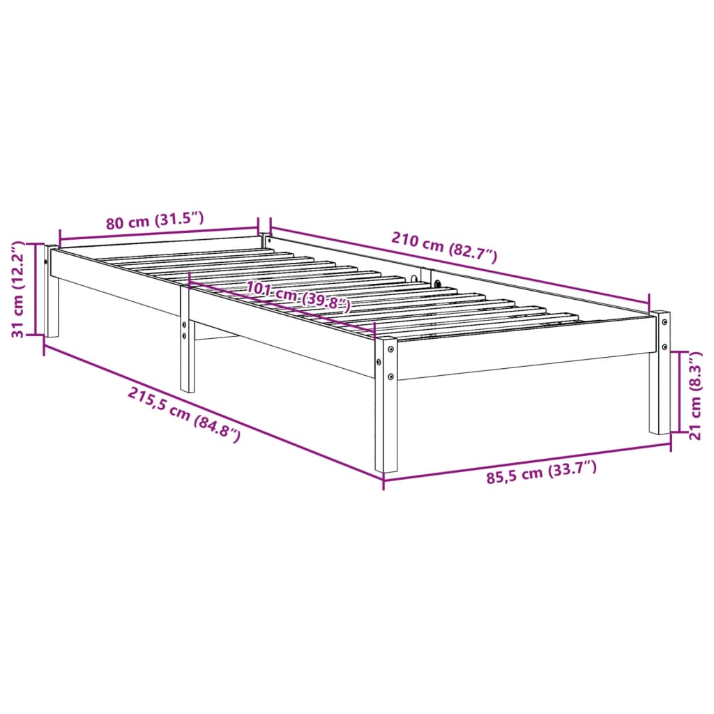 vidaXL Ekstra lang sengeramme uten madrass 80x210 cm heltre furu