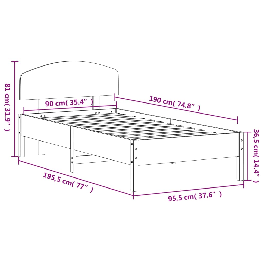 vidaXL Sengeramme med hodegavl hvit 90x190 cm heltre furu