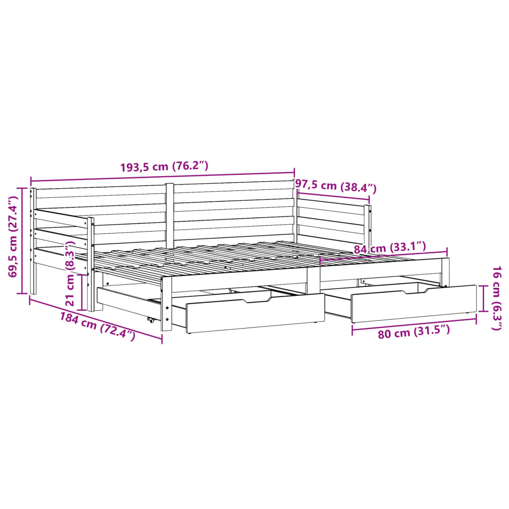 vidaXL Uttrekkbar dagseng med skuffer hvit 90x190 cm heltre furu