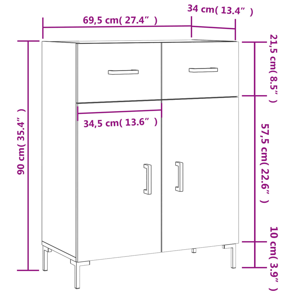 vidaXL Skjenk brun eik 69,5x34x90 cm konstruert tre