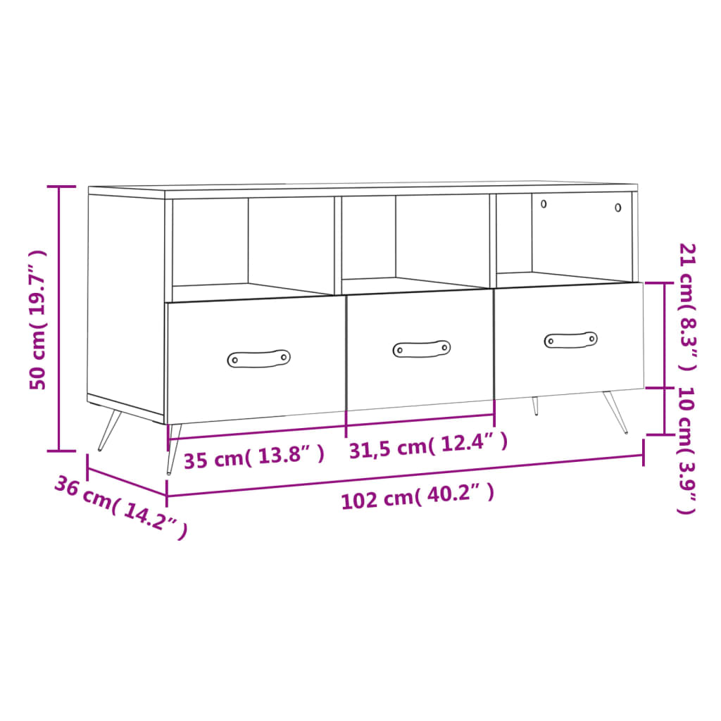 vidaXL TV-benk brun eik 102x36x50 cm konstruert tre