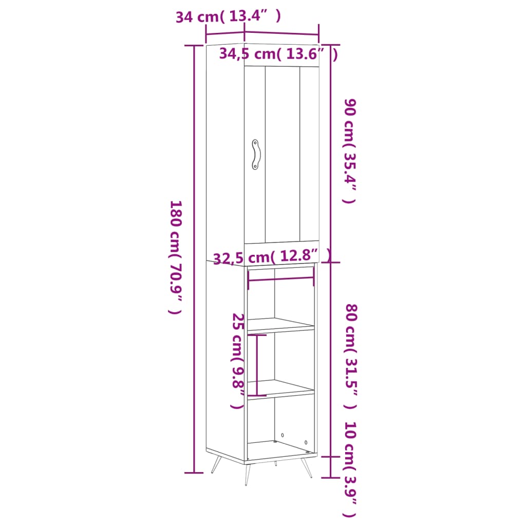 vidaXL Highboard høyglans hvit 34,5x34x180 cm konstruert tre