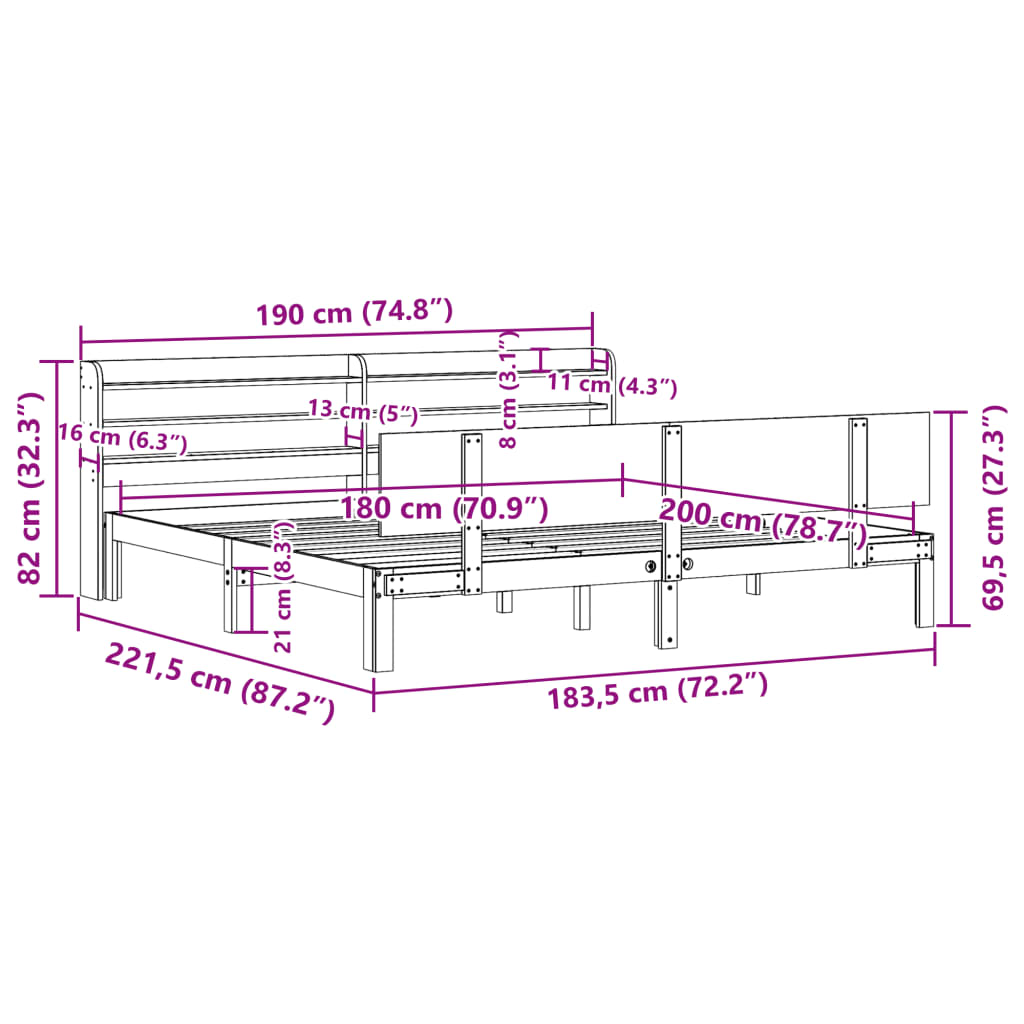 vidaXL Sengeramme med hodegavl hvit 180x200 cm heltre furu