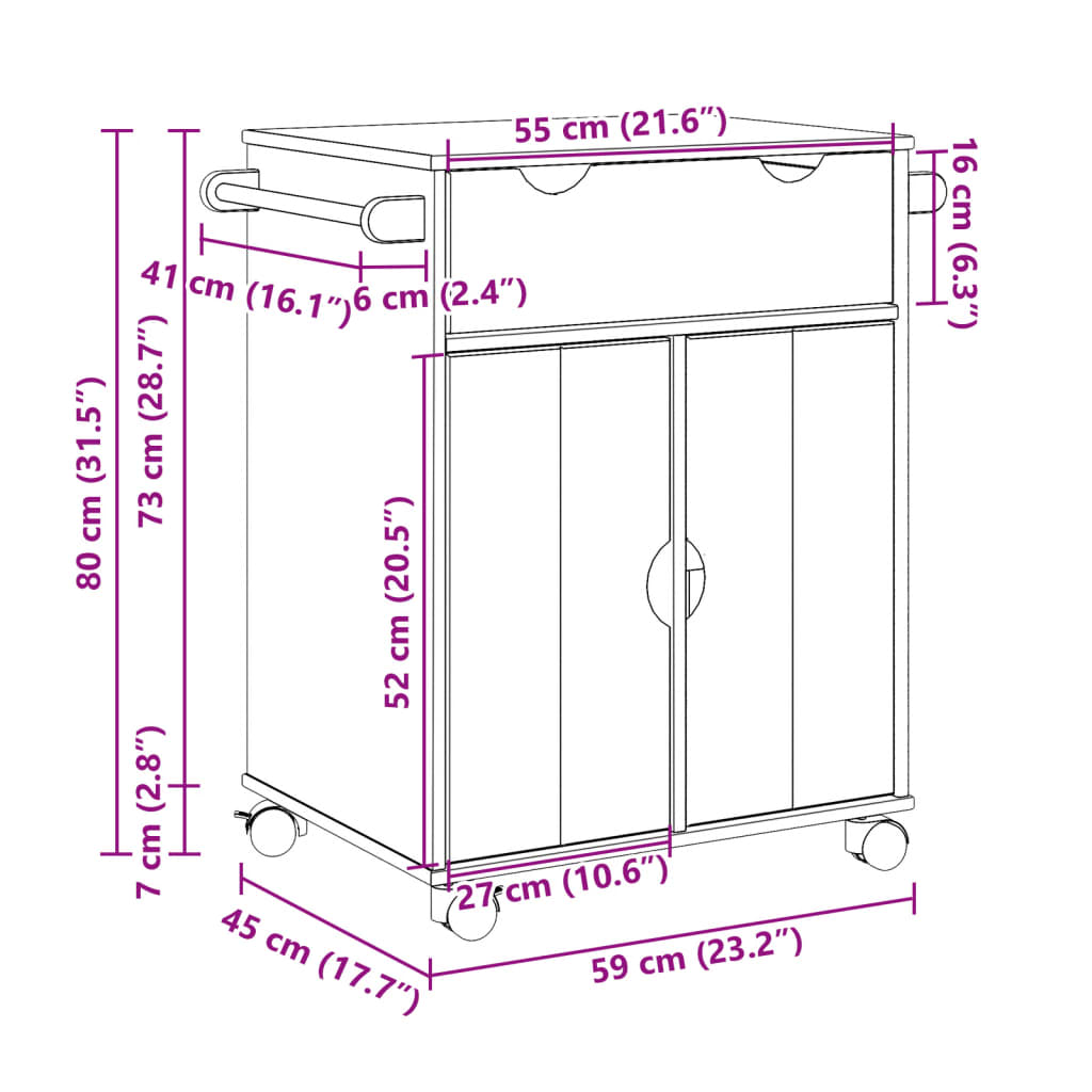 vidaXL Kjøkkenvogn OTTA 59x45x80 cm heltre furu