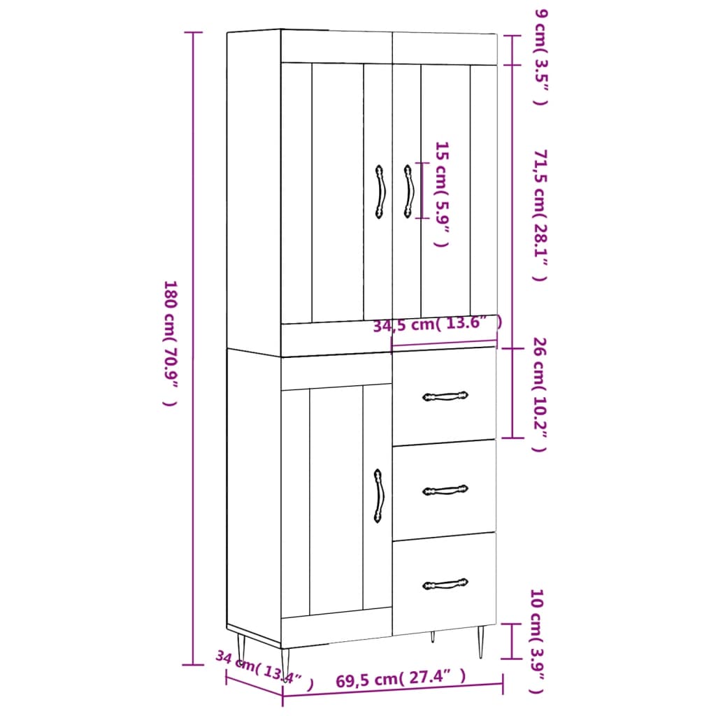 vidaXL Highboard hvit 69,5x34x180 cm konstruert tre