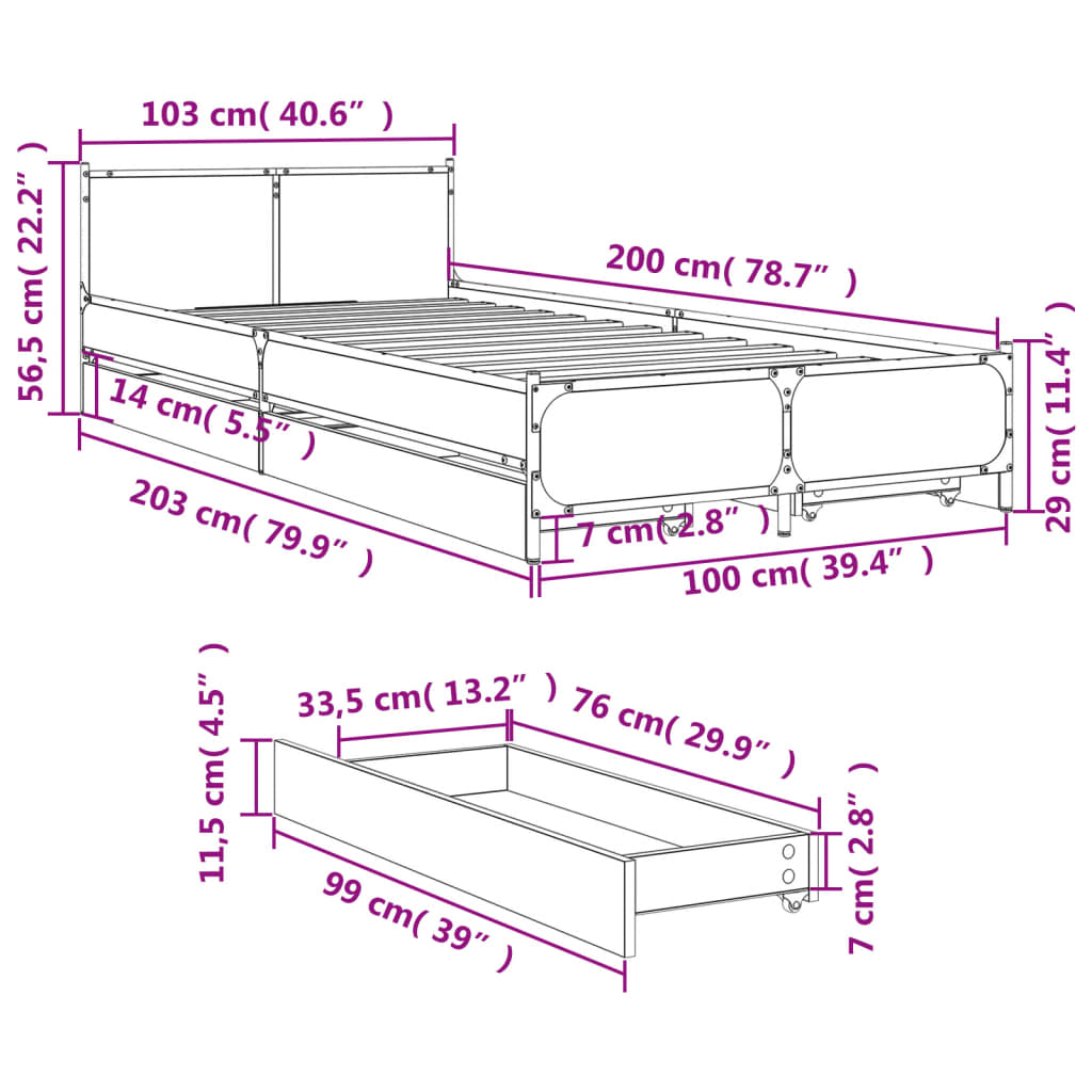 vidaXL Sengeramme med skuffer brun eik 100x200 cm konstruert tre