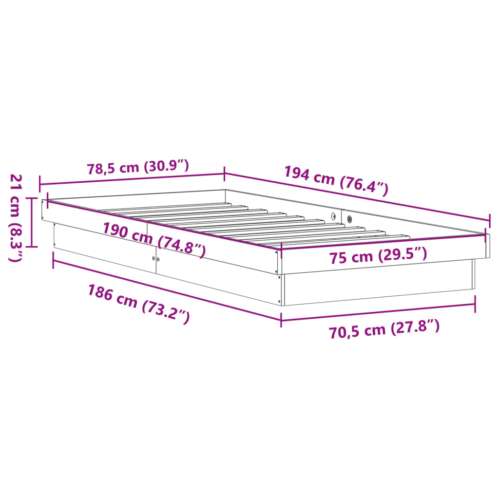 vidaXL Sengeramme med LED voksbrun 75x190 cm heltre furu