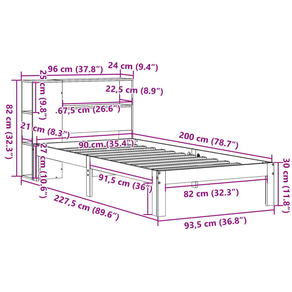 vidaXL Seng med bokhylle uten madrass 90x200 cm heltre furu