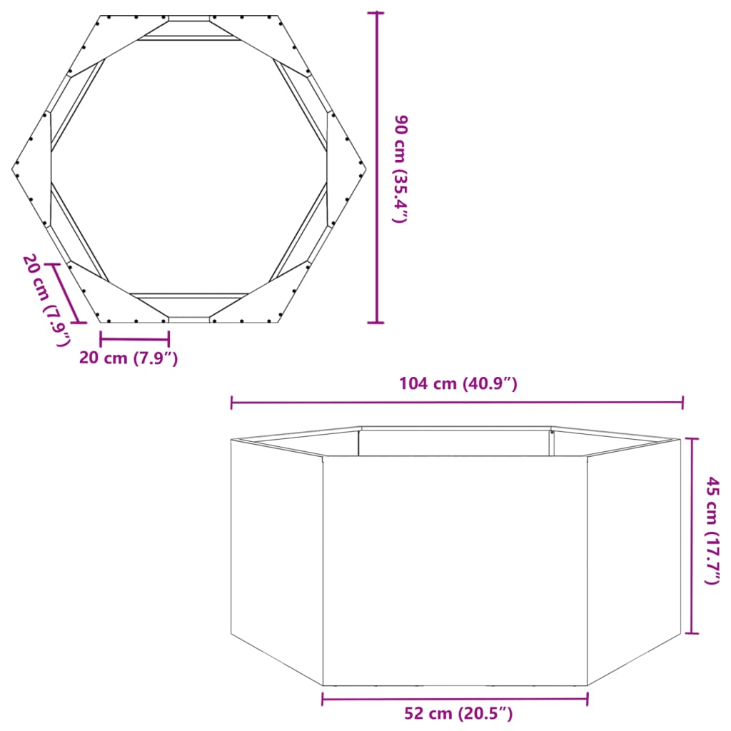 vidaXL Plantekasse svart sekskantet 104x90x45 cm stål