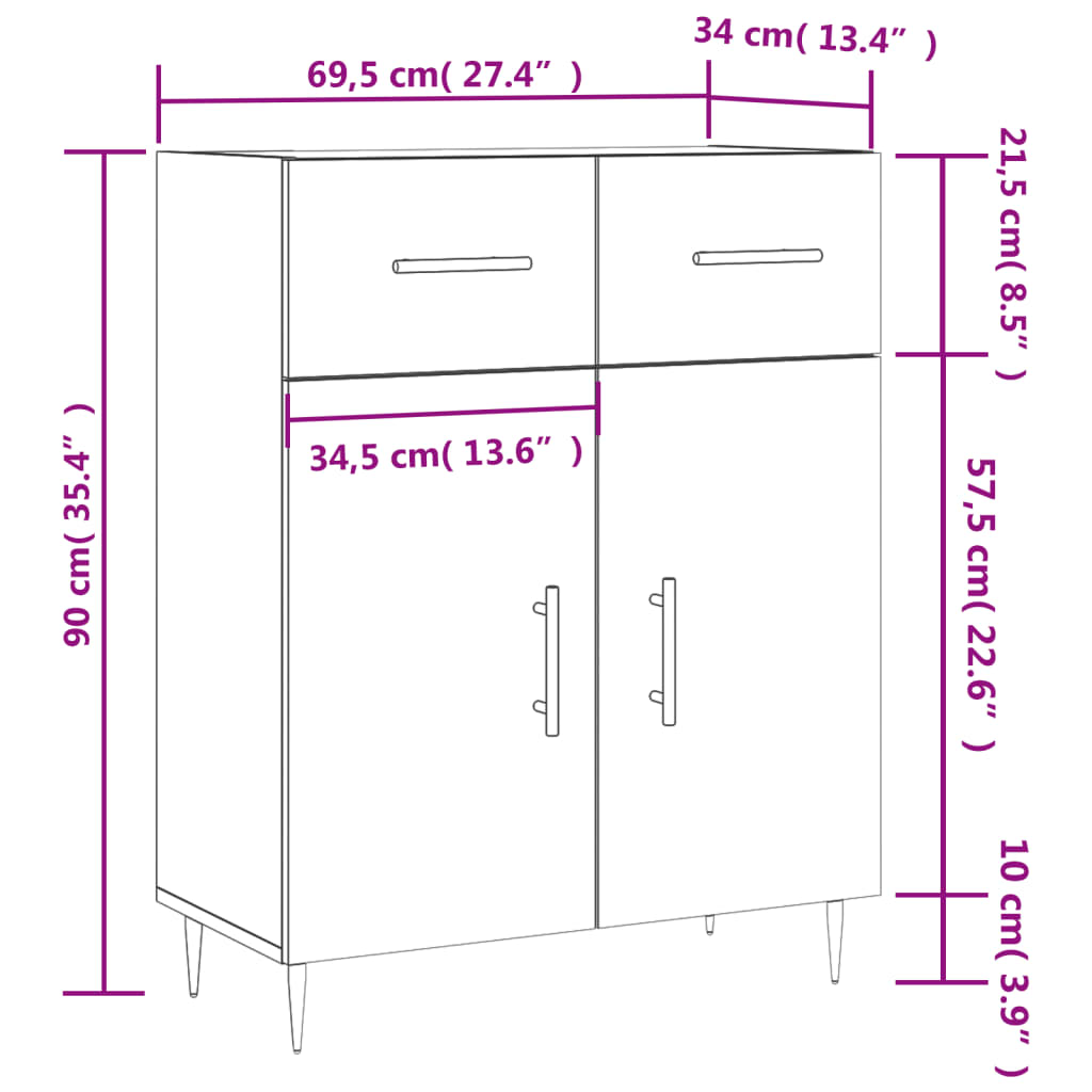 vidaXL Skjenk hvit 69,5x34x90 cm konstruert tre