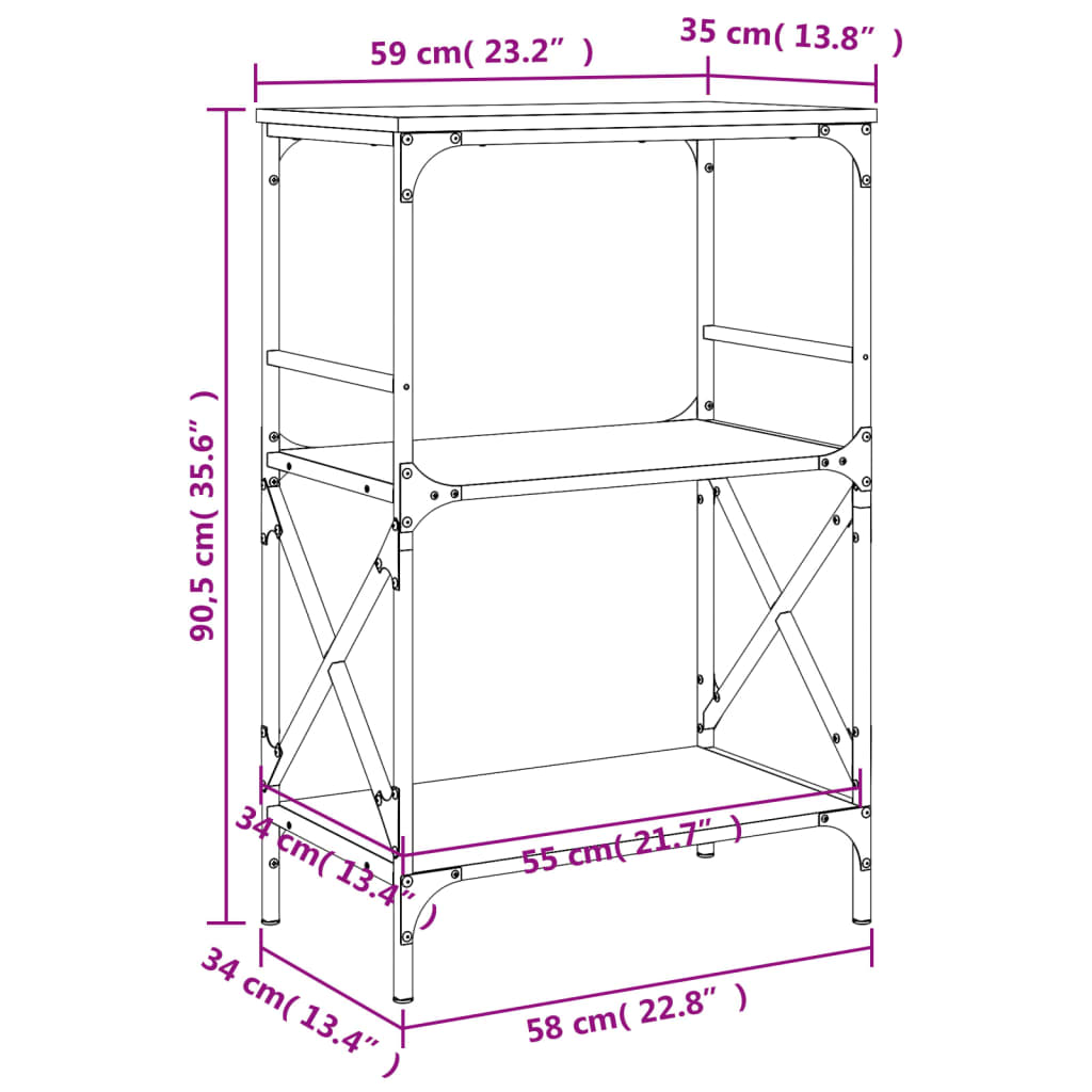 vidaXL Bokhylle 3 etasjer røkt eik 59x35x90,5 cm konstruert tre