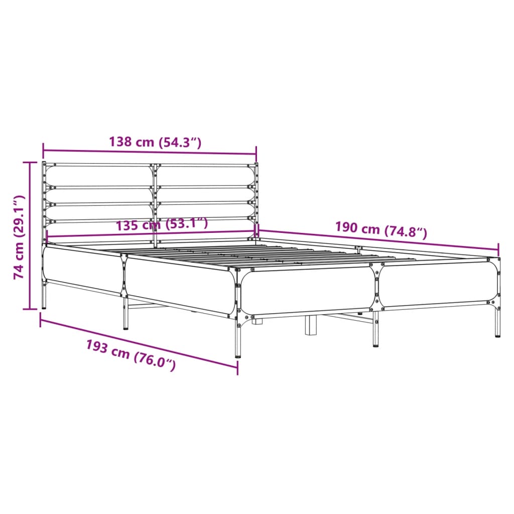 vidaXL Sengeramme sonoma eik 135x190 cm konstruert tre og metall