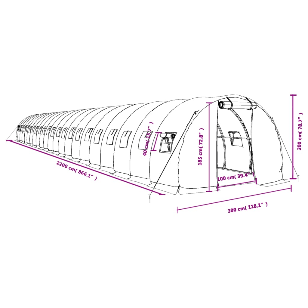 vidaXL Drivhus med stålramme grønn 66 m² 22x3x2 m