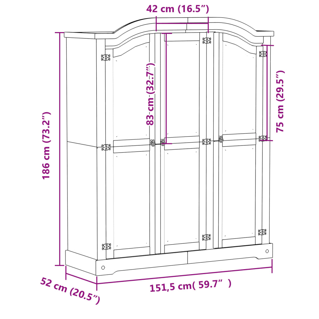 vidaXL Garderobe Corona hvit 151,5x52x186 cm heltre furu