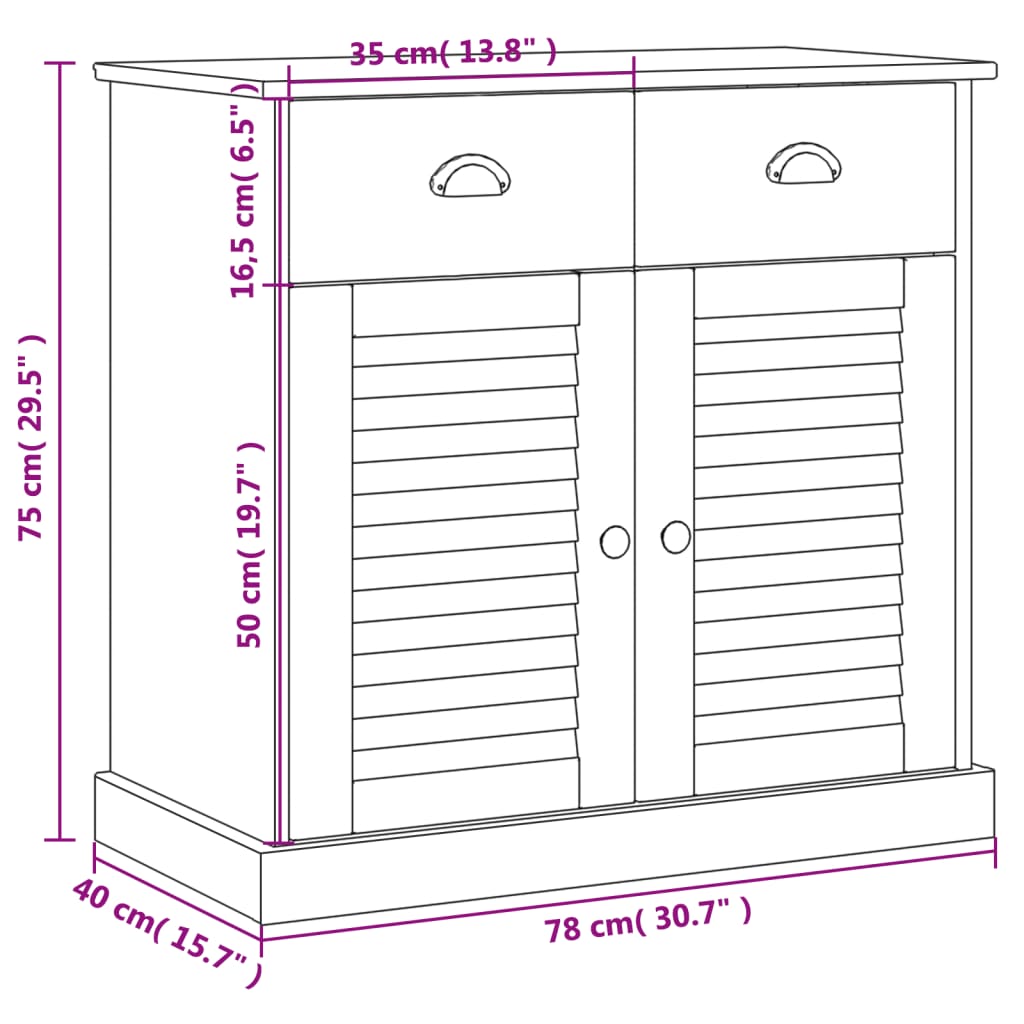 vidaXL Skjenk med skuffer VIGO 78x40x75 cm heltre furu