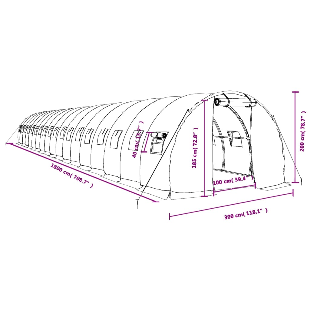 vidaXL Drivhus med stålramme hvit 54 m² 18x3x2 m