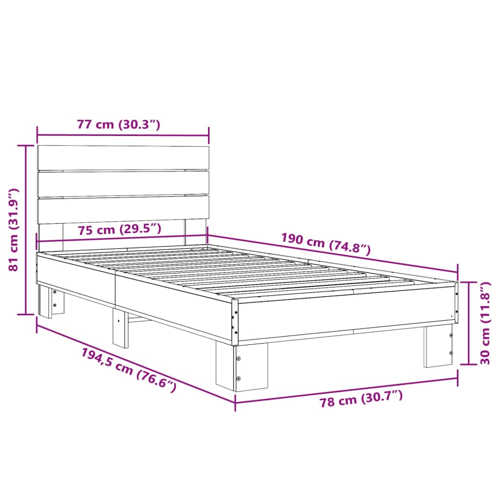 vidaXL Sengeramme brun eik 75x190 cm konstruert tre og metall