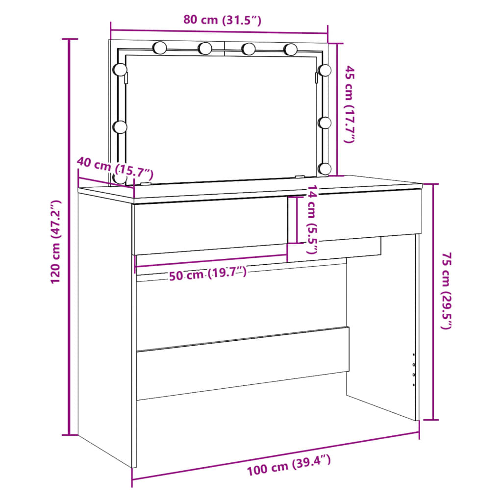 vidaXL Sminkebord med LED sonoma eik 100x40x120 cm