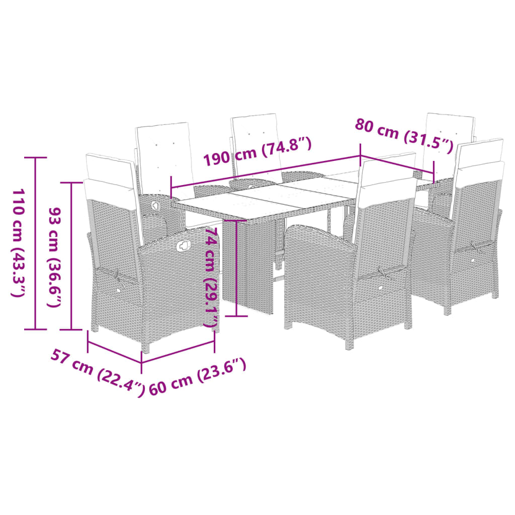 vidaXL Hagespisegruppe med puter 7 deler polyrotting svart