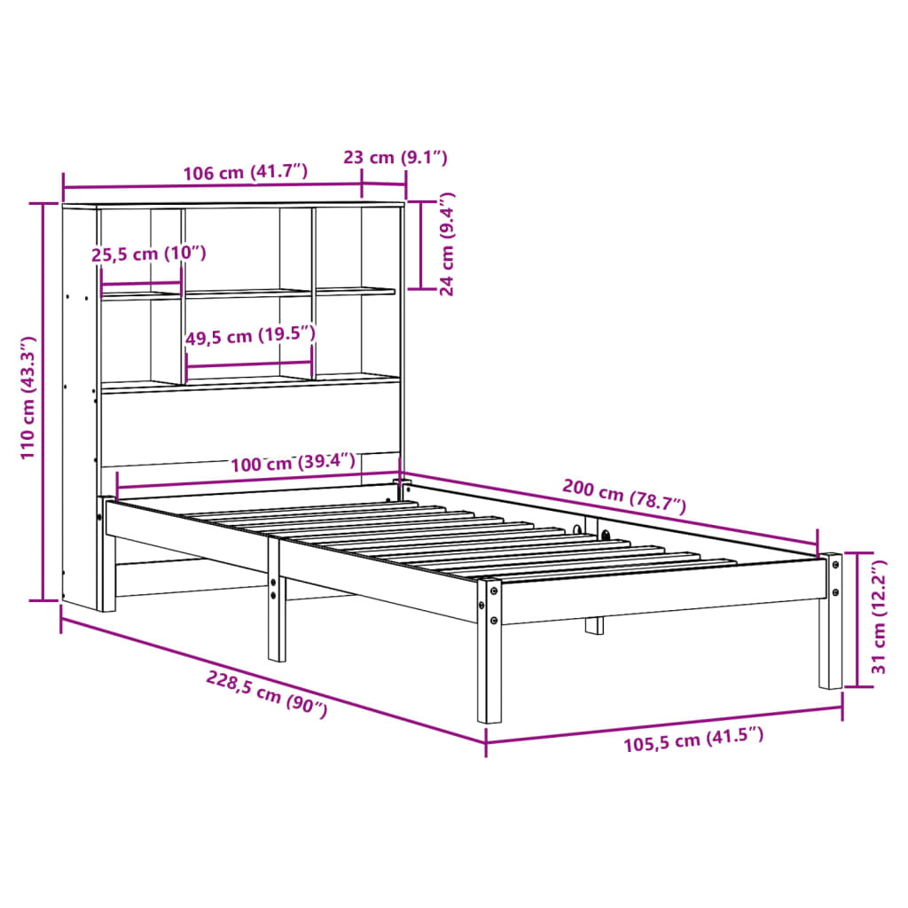 vidaXL Seng med bokhylle uten madrass 100x200 cm heltre furu