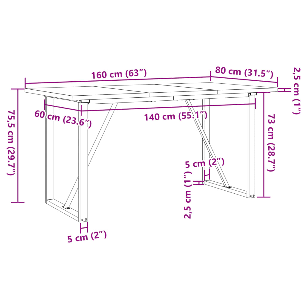 vidaXL Spisebord O-ramme 160x80x75,5 cm heltre furu og støpejern