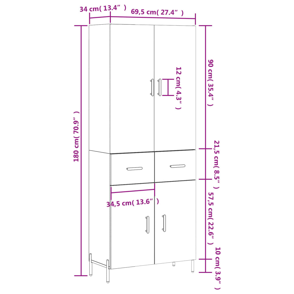 vidaXL Highboard grå sonoma 69,5x34x180 cm konstruert tre