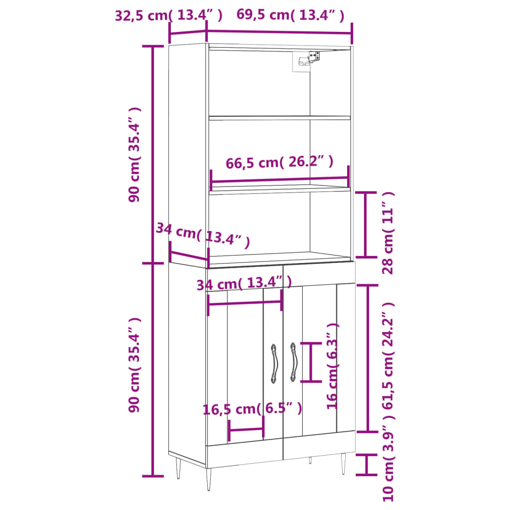 vidaXL Highboard brun eik 69,5x34x180 cm konstruert tre