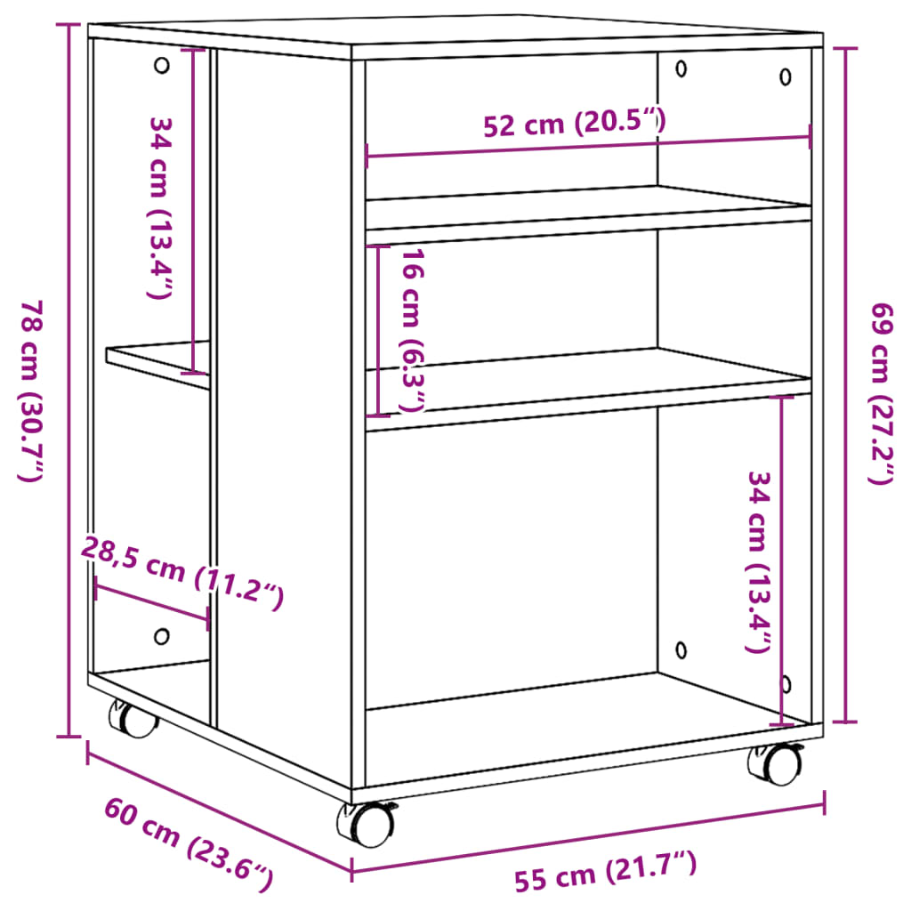 vidaXL Sidebord med hjul brun eik 55x60x78 cm konstruert tre