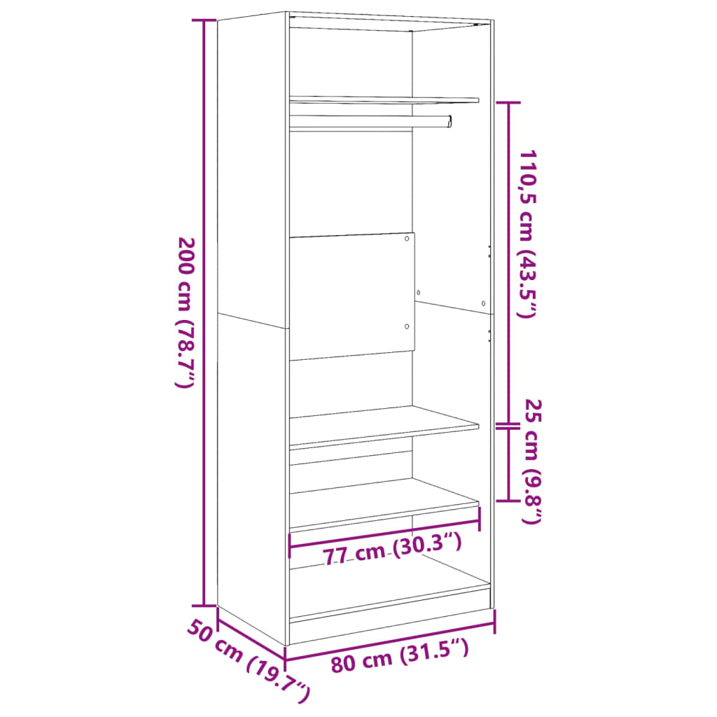 vidaXL Garderobe brun eik 80x50x200 cm konstruert tre