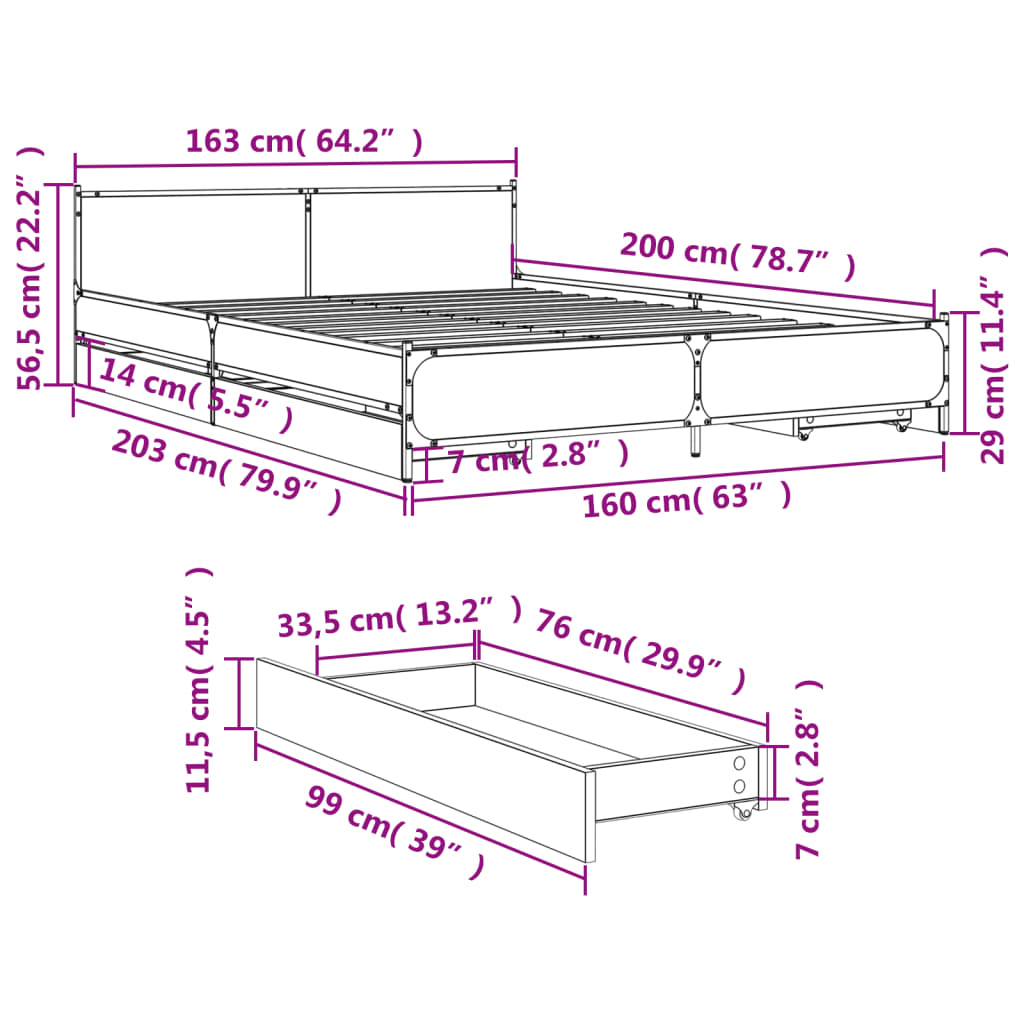 vidaXL Sengeramme med skuffer svart 160x200 cm konstruert tre