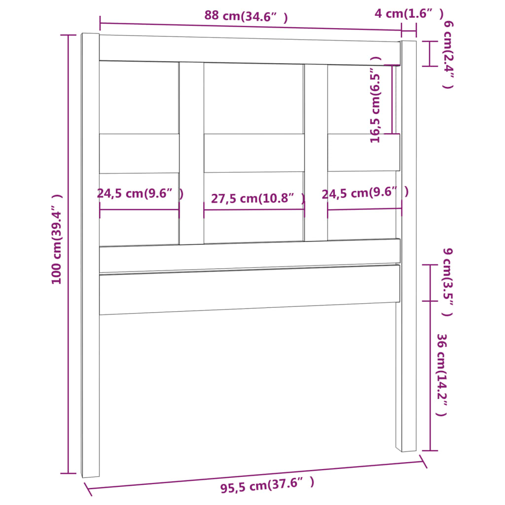 vidaXL Sengegavl svart 95,5x4x100 cm heltre furu