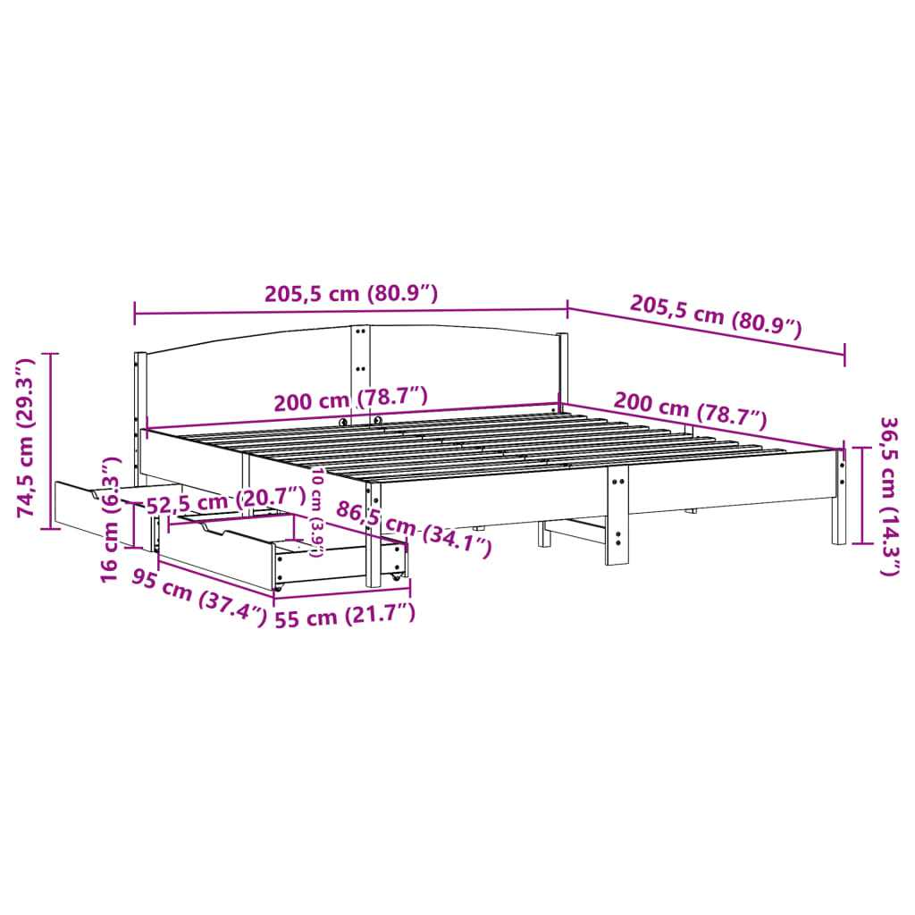 vidaXL Sengeramme med madrass 200x200 cm heltre furu