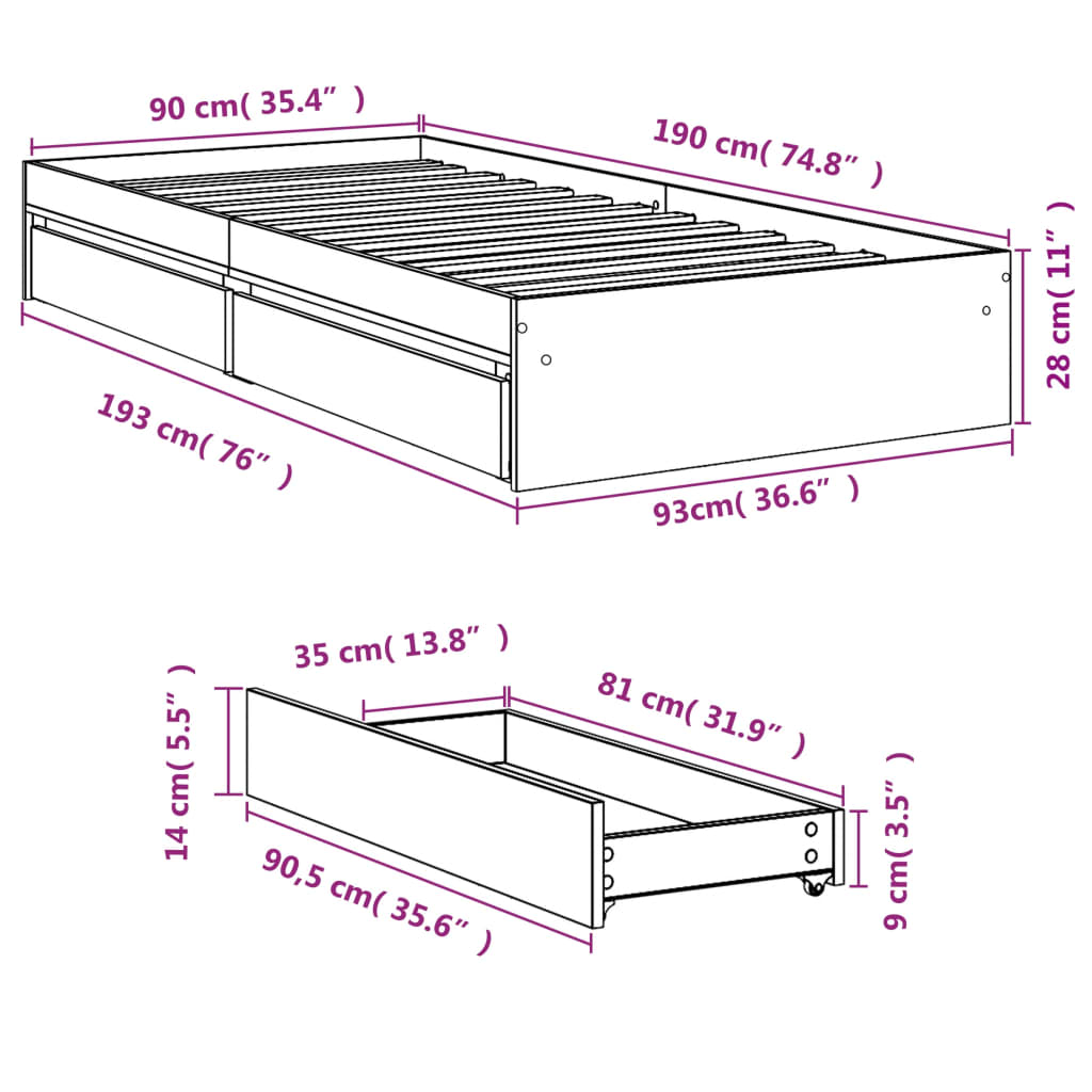 vidaXL Sengeramme med skuffer røkt eik 90x190 cm konstruert tre