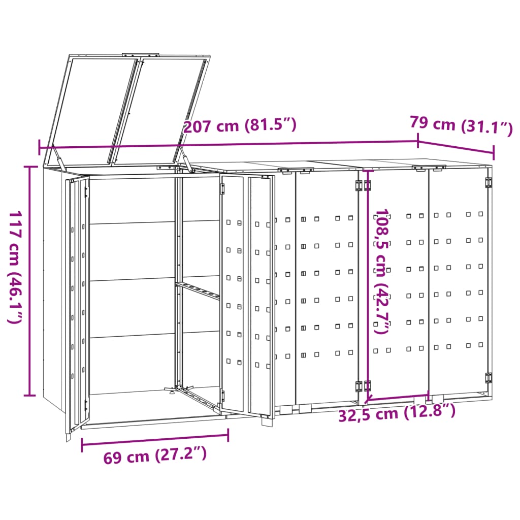 vidaXL Søppeldunkskur for 3 dunker antrasitt 207x79x117 cm stål