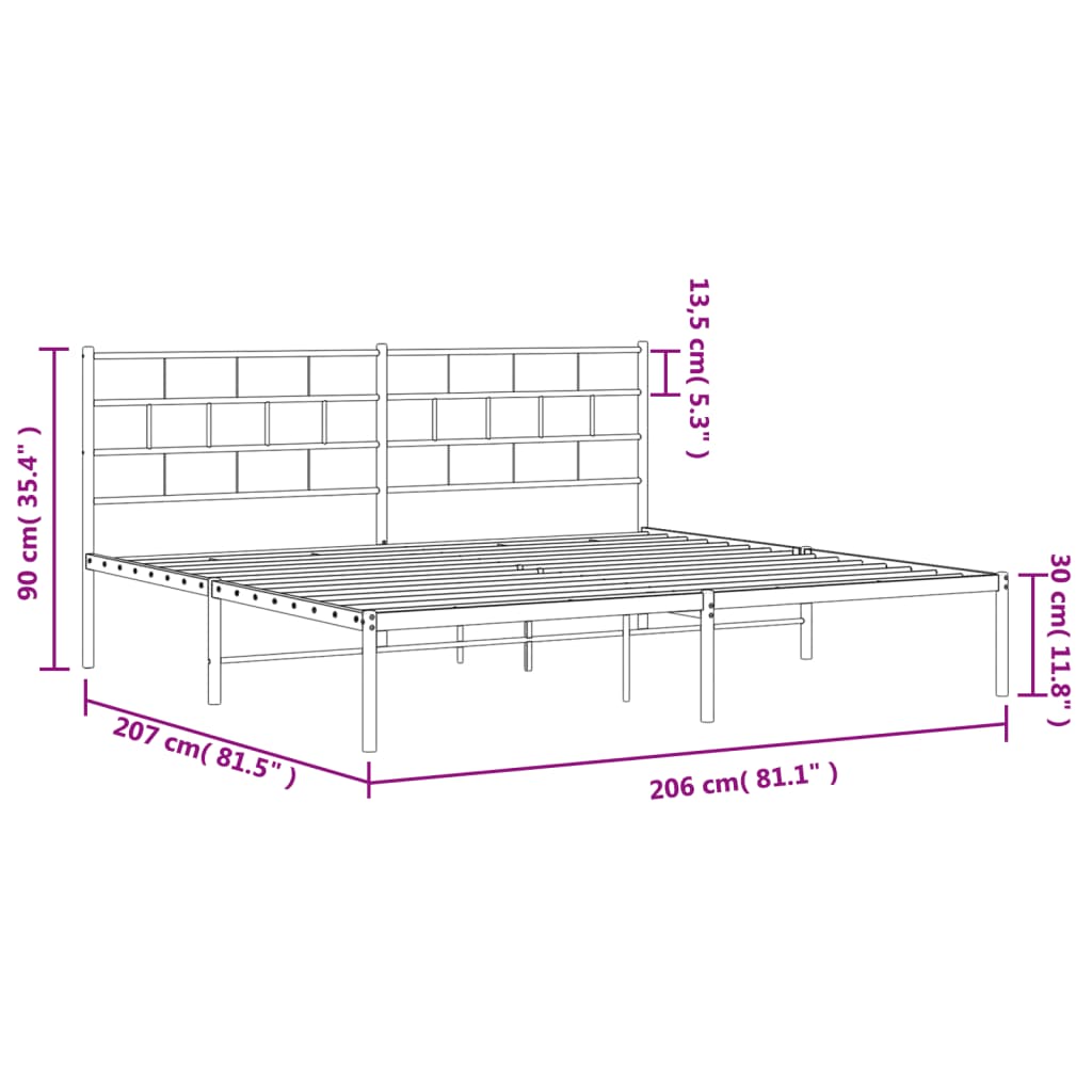 vidaXL Sengeramme i metall med sengegavl hvit 200x200 cm