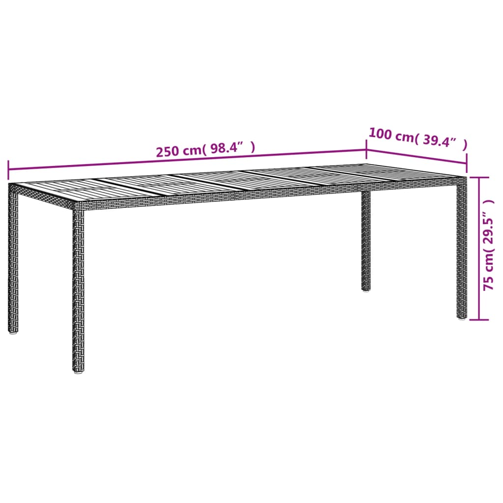 vidaXL Hagebord 250x100x75 cm polyrotting svart