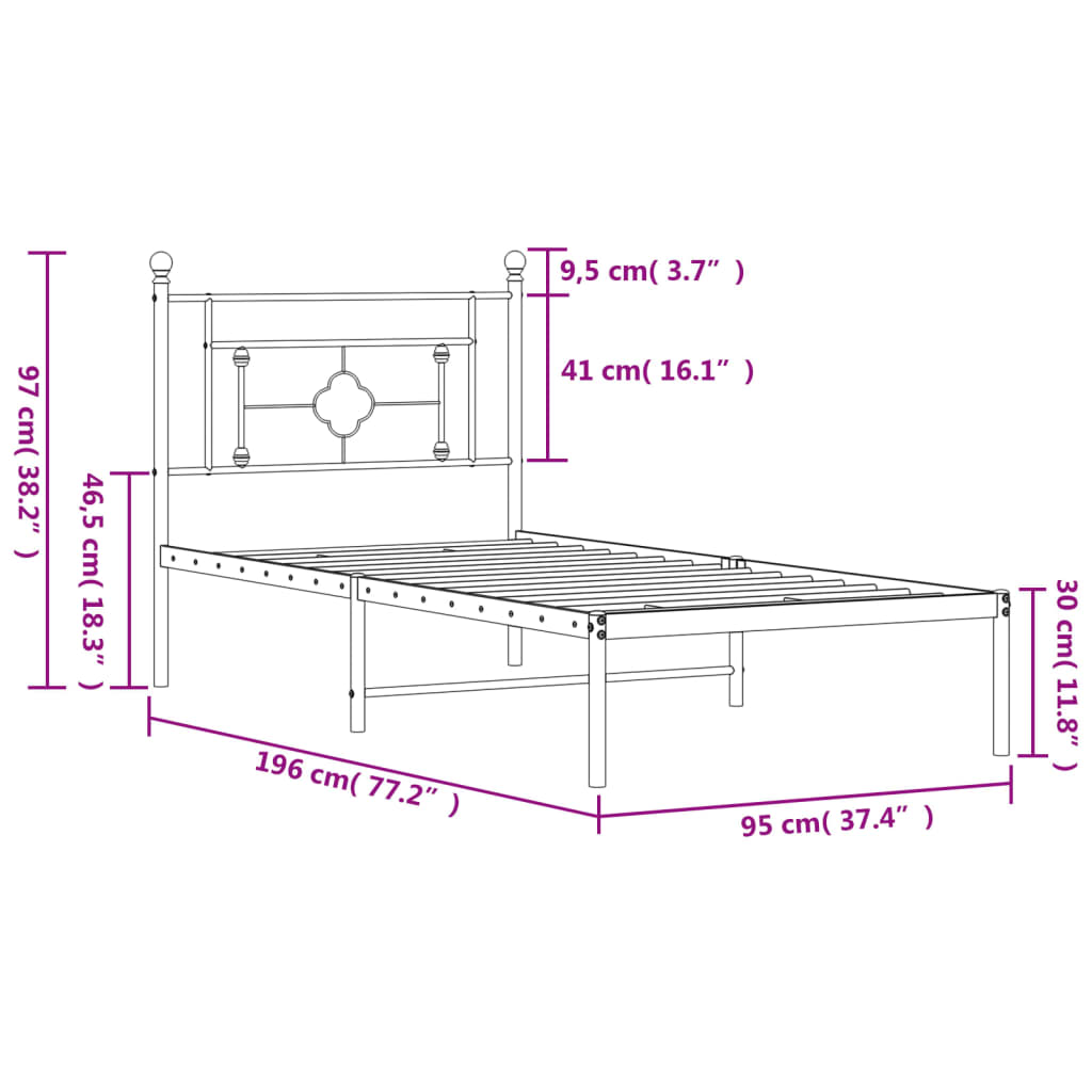 vidaXL Sengeramme i metall med hodegavl svart 90x190 cm