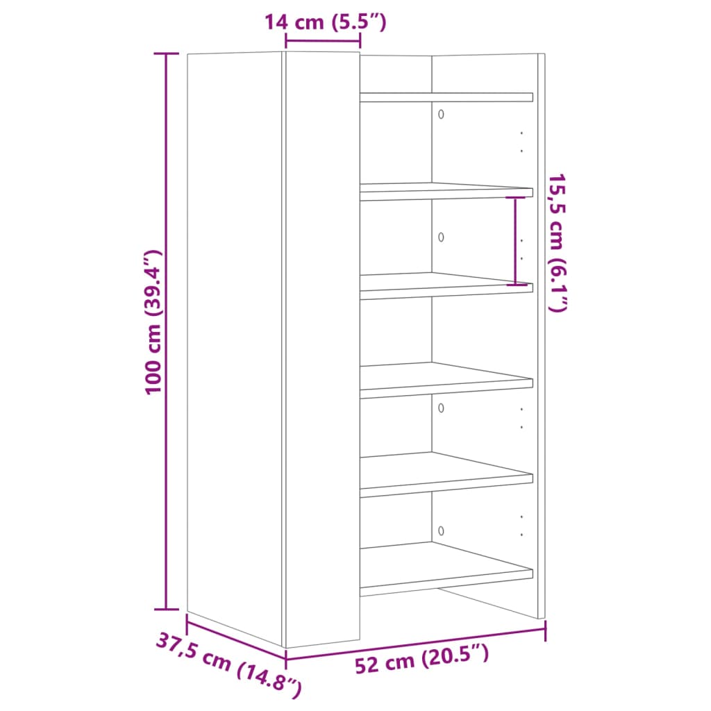 vidaXL Skohylle brun eik 52x37,5x100 cm konstruert tre