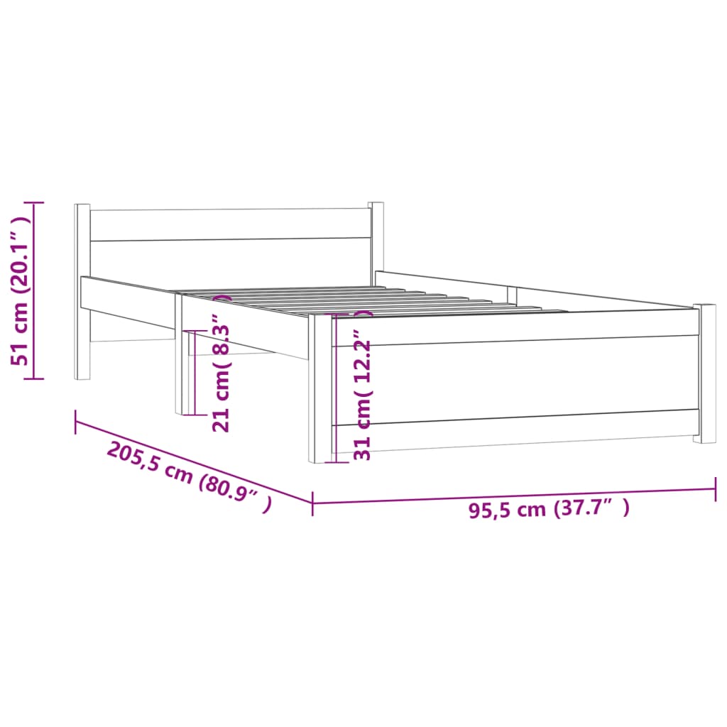 vidaXL Sengeramme hvit heltre 90x200 cm