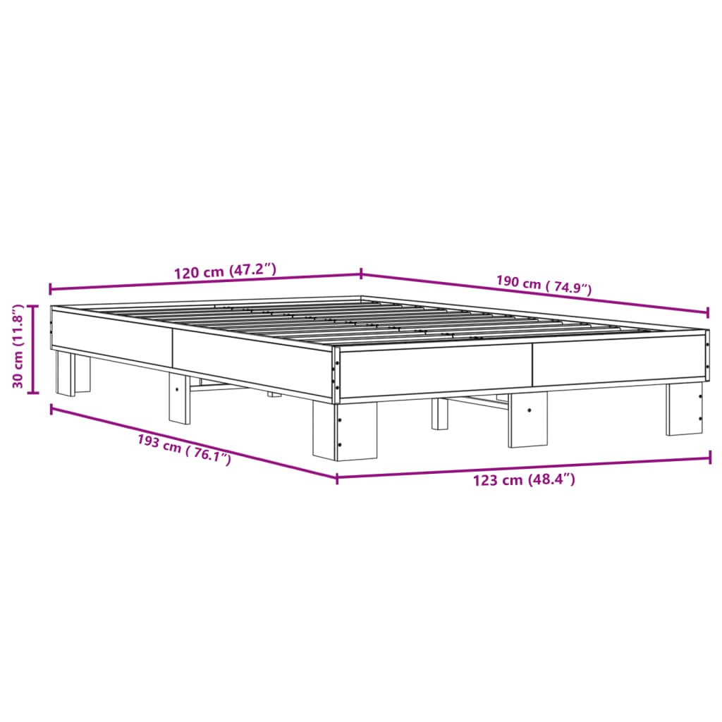 vidaXL Sengeramme røkt eik 120x190 cm konstruert tre og metall