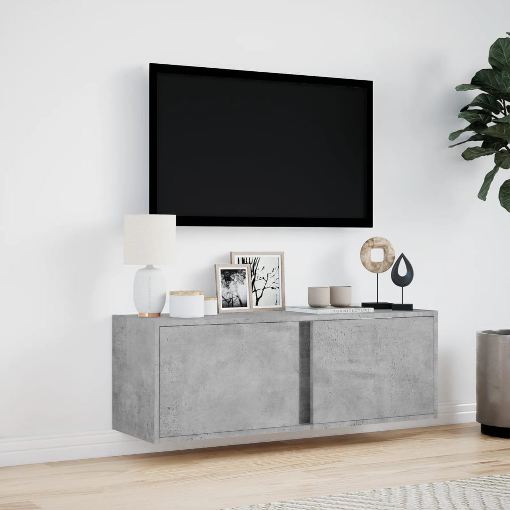 vidaXL Vegghengt TV-benk med LED-lys betonggrå 100x31x35 cm