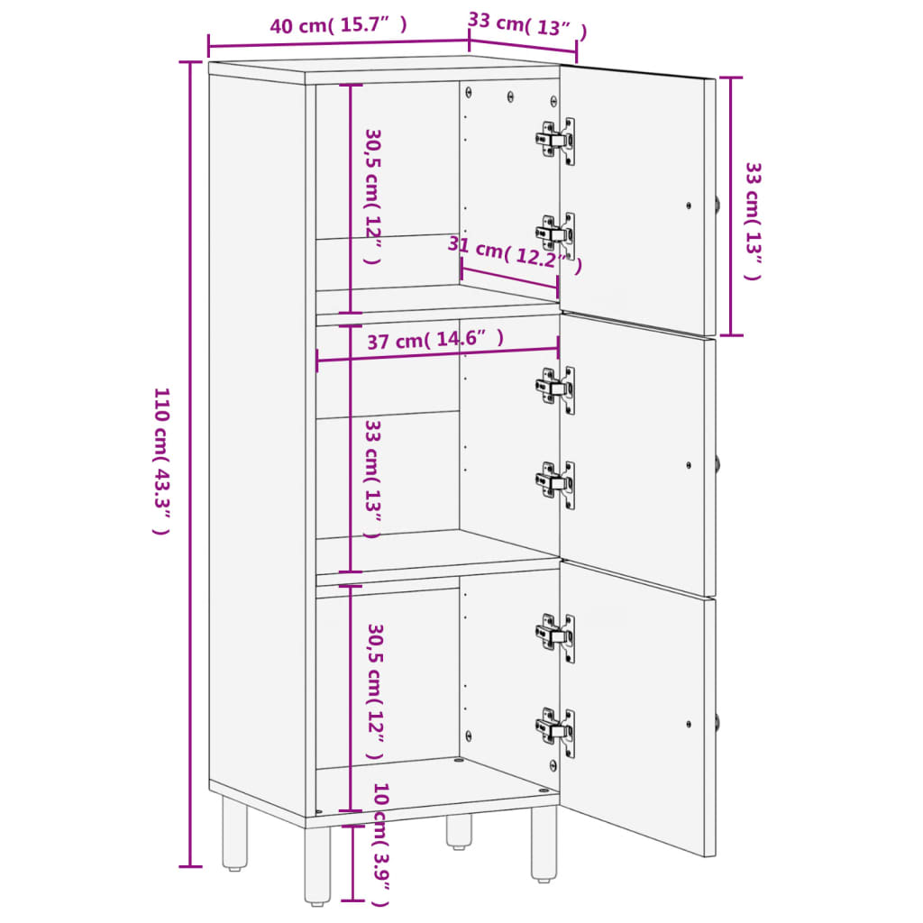 vidaXL Highboard svart 40x33x110 cm heltre mango