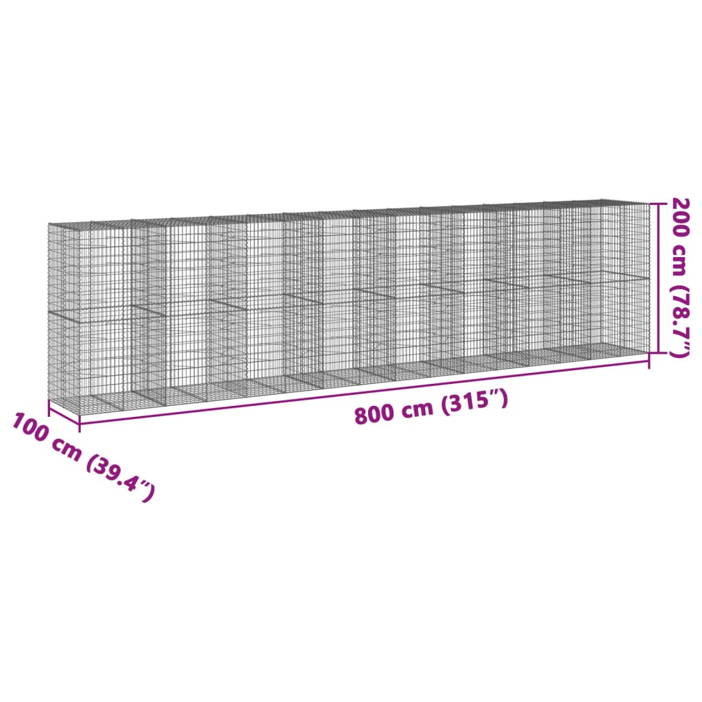 vidaXL Gabionkurv med deksel 800x100x200 cm galvanisert jern