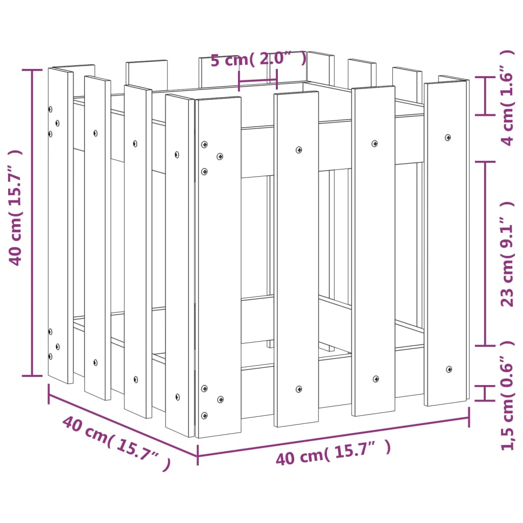 vidaXL Plantekasse med gjerdedesign hvit 40x40x40 cm heltre furu