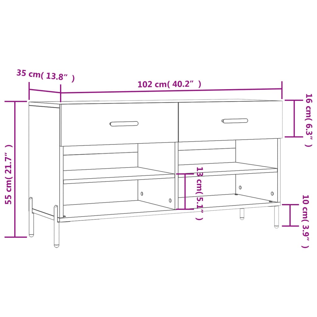 vidaXL Skoskap sonoma eik 102x35x55 cm konstruert tre