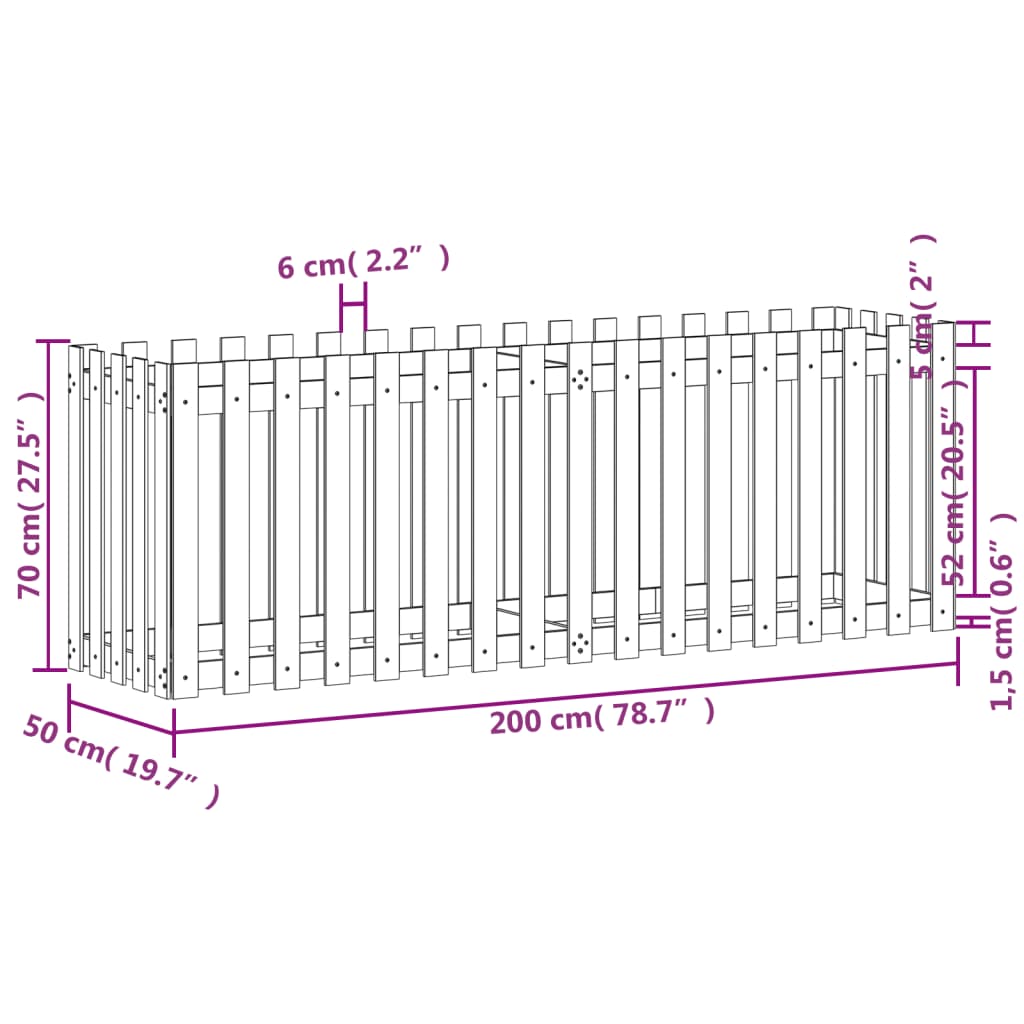 vidaXL Plantekasse med gjerdedesign 200x50x70 cm impregnert furu