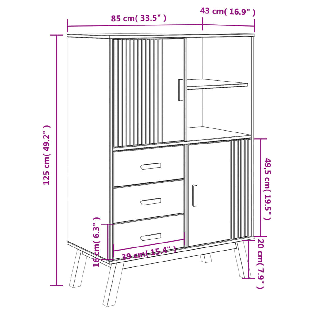 vidaXL Highboard OLDEN grå og brun 85x43x125 cm heltre furu