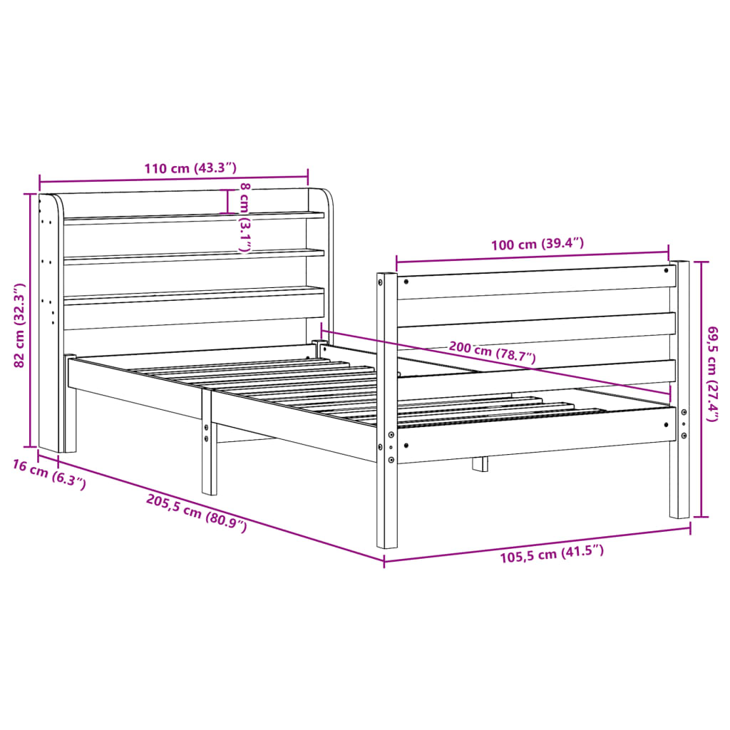 vidaXL Sengeramme med hodegavl hvit 100x200 cm heltre furu