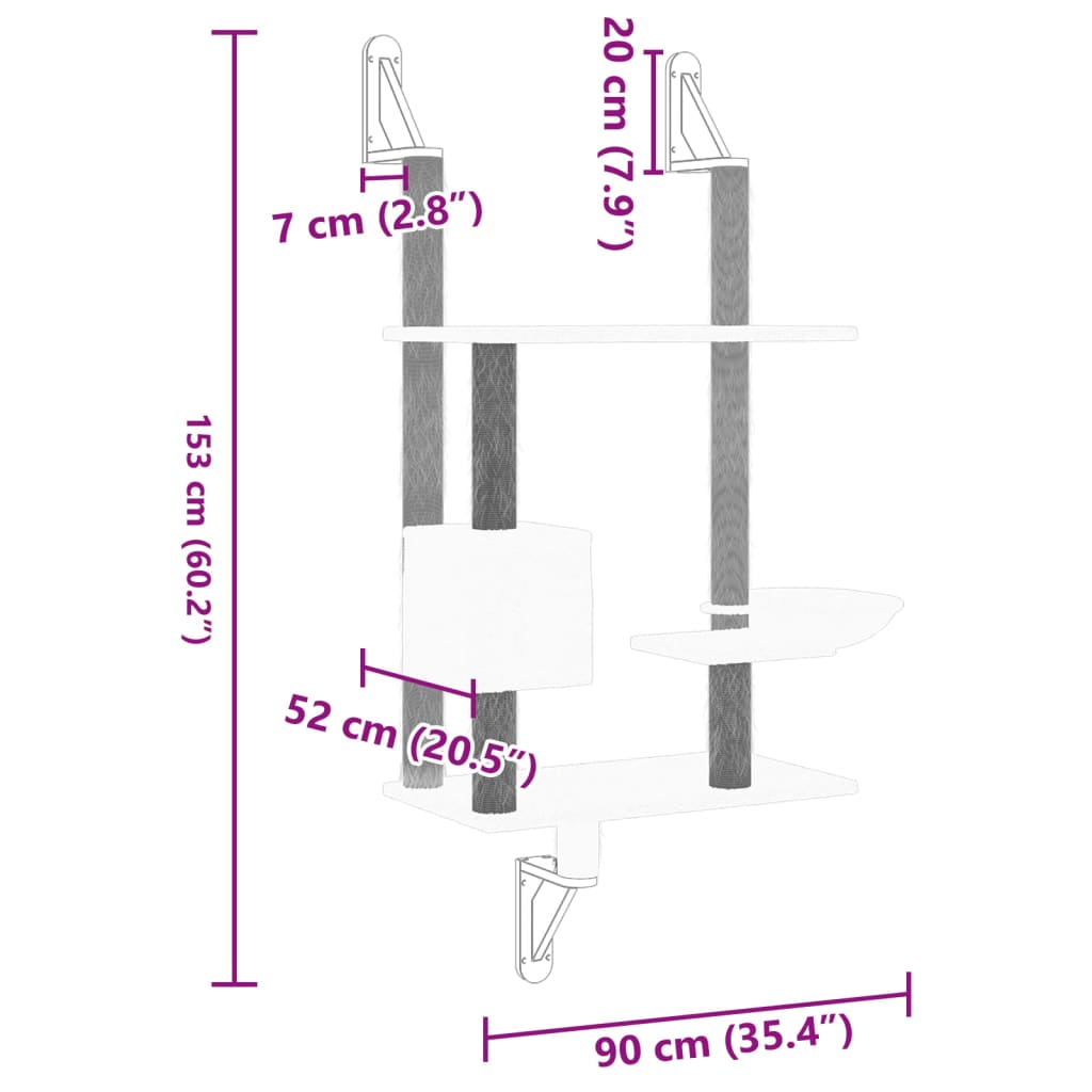 vidaXL Vegghengt kattetre med klorestolpe lysegrå 153 cm