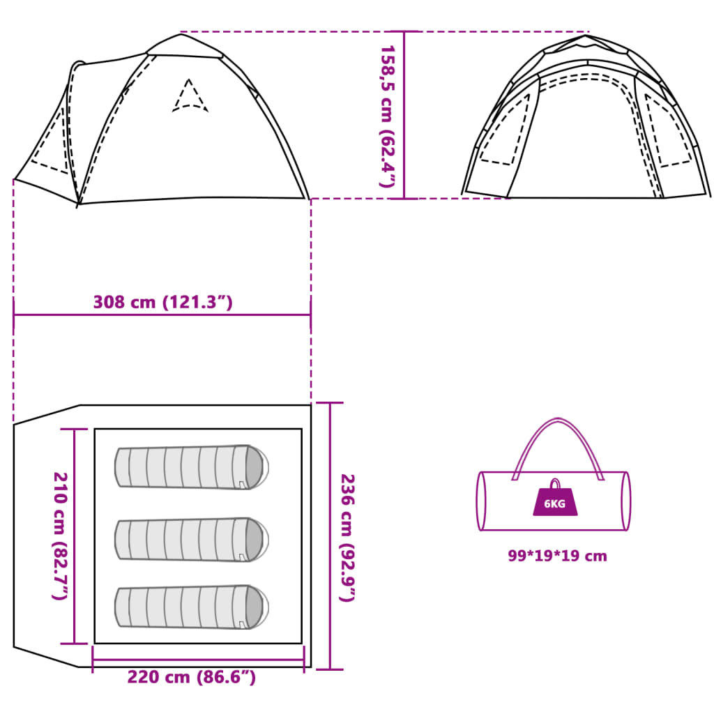 vidaXL Kuppeltelt for camping 3 personer grønn hurtigutløser